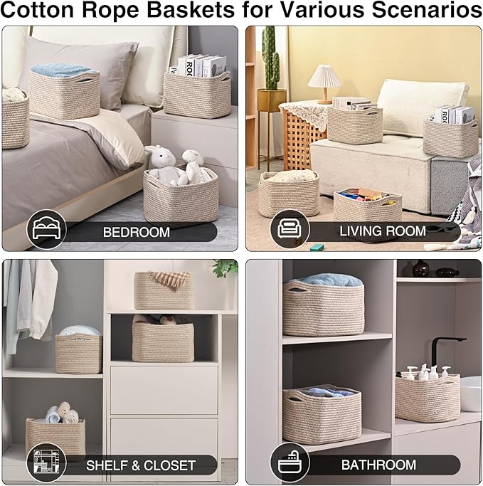 Small Storage Baskets for Organizing, Woven Storage Baskets for Shelves, Cotton Rope Basket for Storage, Cute Rectangular Book Toy Basket, 12.7"×9.1"×7.9", 4 Packs, Brown