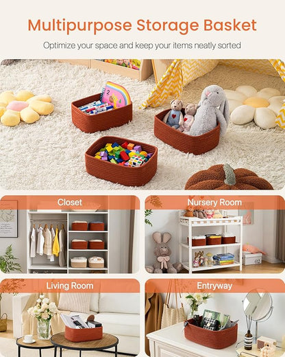 Small Woven Basket, 12 x 8 x 4.5 Inches, Storage Basket for Organizing, Cute Small Rope Shelf Closet Cube Storage Bins Baskets for Shelves, Dog Toy Gift Baskets Empty, 3 Pack Rust Red