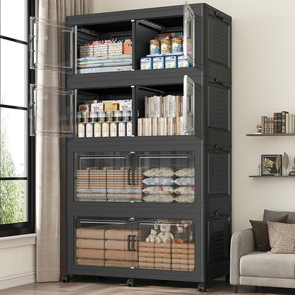 160GAL Extra Large Storage Bins with Lid, 640Qt Stackable Closet Organizers and Drawers, Collapsible Storage Bins with Wheels, Folding Storages Cabinet for Home Bedroom Office, 4Pack Black