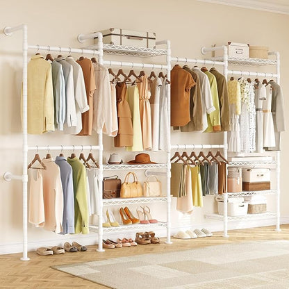 ONBRILL L4 Wall Mounted Industrial Pipe Clothing Rack, Closet Organizer System with 6 Hanging Clothes Rods ( 4 Expandable Rods) & 8 Shelves, Heavy Duty Corner Garment Rack, Large Wardrobe - White