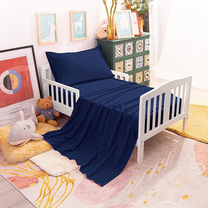 NTBAY Toddler Bedding Set - 4 Piece Soft and Breathable Crib Bedding Set for Boys and Girls, Includes Quilted Comforter, Fitted Sheet, Flat Top Sheet and Envelope Pillowcase, Navy Blue