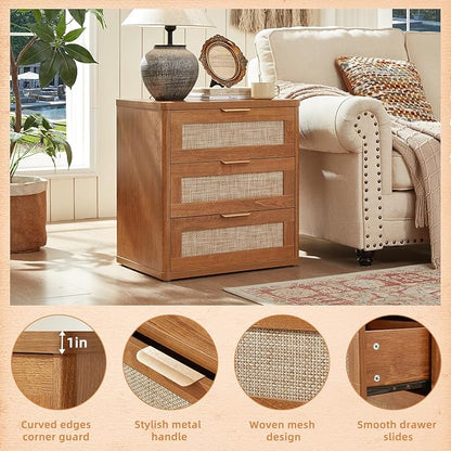LEYAOYAO Rattan Night Stand Set of 2 with Drawers, 23" Large 3 Drawer Boho Nightstand, Natural Wood Bedside Table Storage Cabinet, Bed Side End Tables Dresser for Bedroom, Living Room, Hallway, Closet