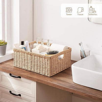OIAHOMY Wicker Basket, Paper Shelf Basket with Built-in Handles, Rectangular Wicker Storage Bin for Pantry, Shelves, 1 Pack-Yellow