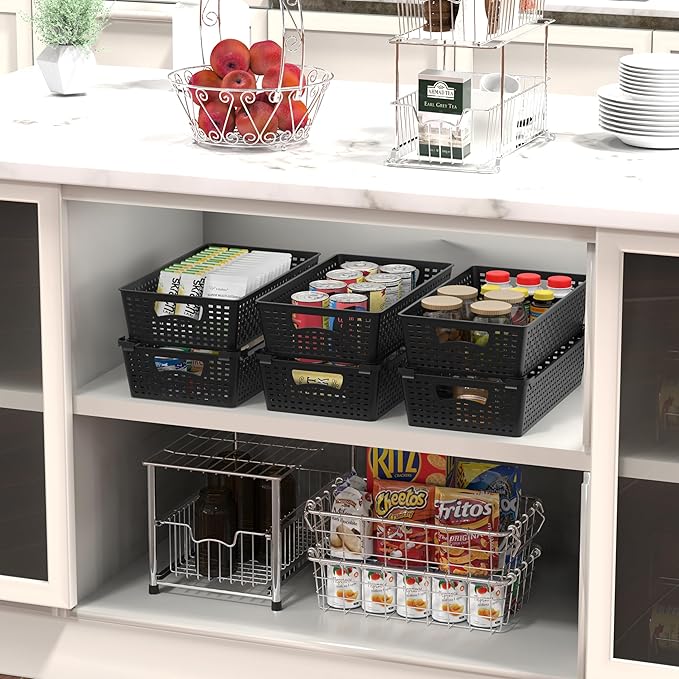 Simple Houseware Stackable Plastic Woven Basket Organizer, 6 Pack, 14.5" x 8.5" x 3.5", Black