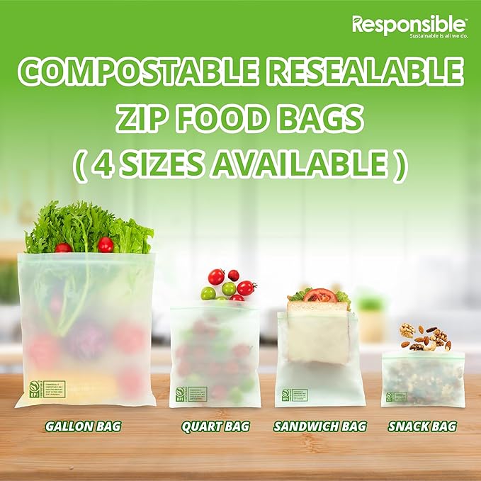 Responsible Products Certified Compostable Large GALLON Resealable Zip Bag, Extra Strength Food Bags, Made from Plant Materials (14 Pack)