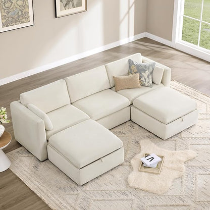 CHITA Oversized Modular Cloud Sectional Sofa, FSC Certified U Shaped Sectional Couches for Living Room, 112 inch Width, 5 Seat Modular Sofa Includes 2 Storage Ottomans, Linen