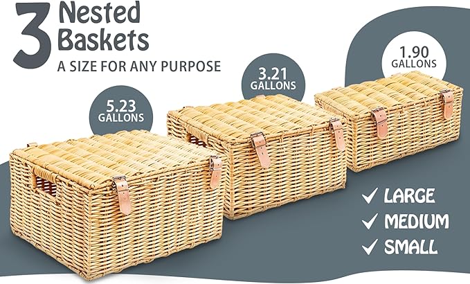 Wicker Storage Baskets with Lids – Set of 3 (Large, Medium, Small) for Organizing Clothes, Toys, Books – Stackable Basket with Lid for Bedroom, Nursery, and Home Decor