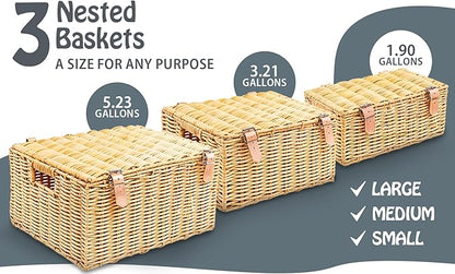 Wicker Storage Baskets with Lids – Set of 3 (Large, Medium, Small) for Organizing Clothes, Toys, Books – Stackable Basket with Lid for Bedroom, Nursery, and Home Decor