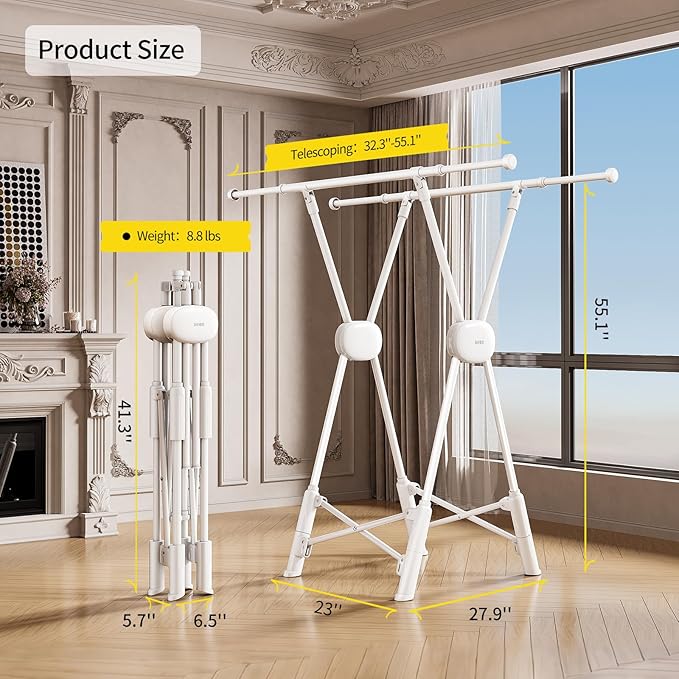 BIREN Clothes Drying Rack Heavy Duty Clothing Racks Extending Laundry Rack Two Drying Modes Garment Racks for Drying Clothes, Adjustable Length from 32-55 Inches for Indoor Outdoor Use