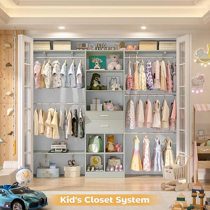 Closet System - 4.75-8FT Closet Organizer System with Wooden Drawers & Cube Storage Organizer, Up To 96" Closet Systems for Nursery & Walk-In Closets with Cuttable Hanging Shelving, Crab Green
