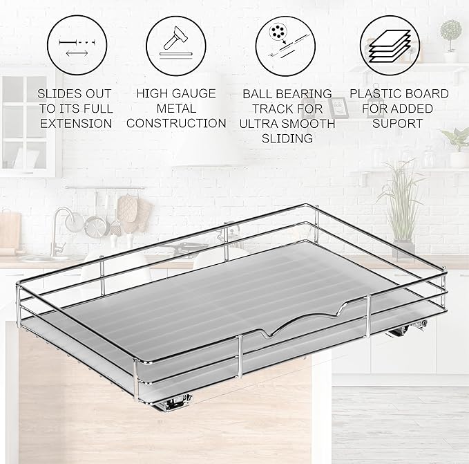 Pull Out Cabinet Organizer for Spices, Cans - Heavy Duty with Lifetime Limited Warranty- Pull Out Spice Rack- Cabinet Pull Out Shelf for Cans,Dishes, Etc, 16-3/8"Wx 10-1/2"D x 2-3/4” H, Chrome