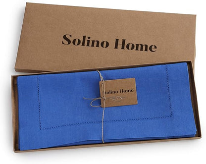 Solino Home Linen Royal Blue Table Runner 60 Inches - Classic Hemstitch, 100% Pure Linen Coffee Table Runner 14 x 60 Inch Ideal for Dresser Tables, Christmas, New Year
