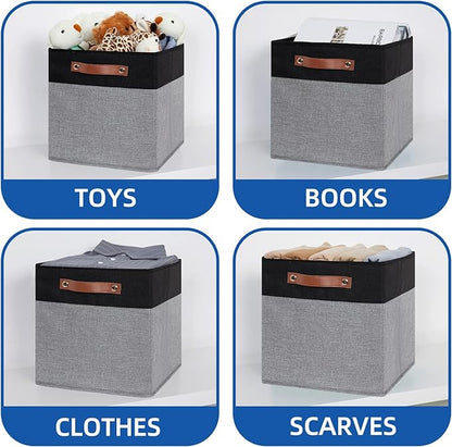Temary Fabric Cube Storage Bins 12 Inch Decorative Storage Cubes Baskets 4 Pack Foldable Cube Storage Bins for Closet, Shelves (Black&Grey)
