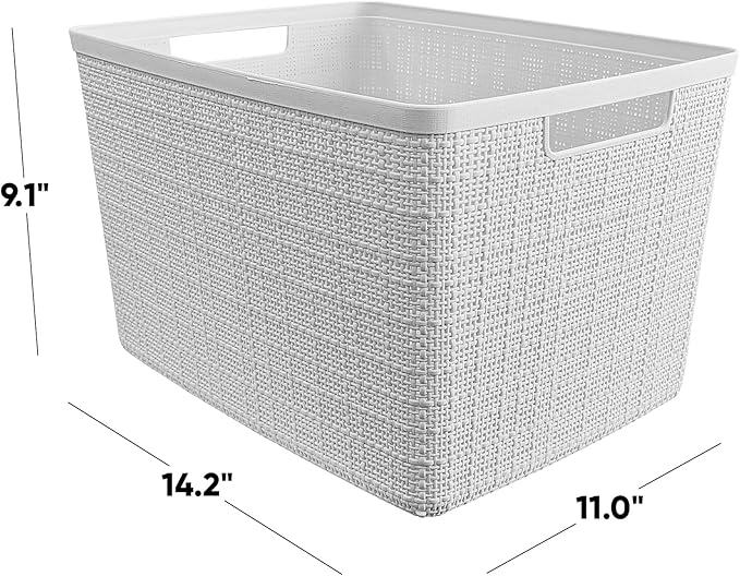 Curver Set of 4 Jute Large Decorative Plastic Organization and Storage Baskets, Perfect Bins for Home Office, Closet Shelves, Kitchen Pantry and All Bedroom Essentials, White