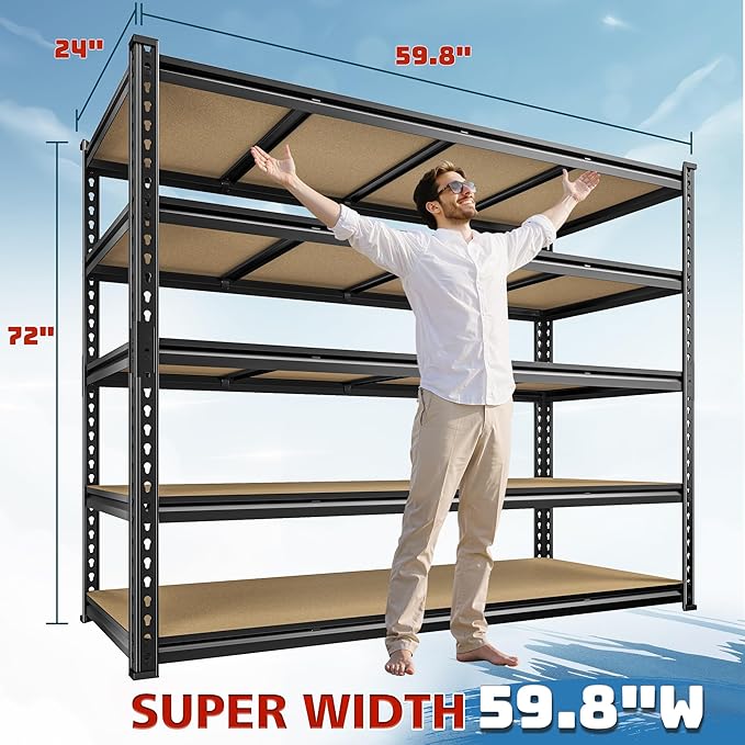 59.8"W Garage Shelving 72"H Storage Shelves 2750LBS Metal Shelving Heavy Duty Garage Shelves Adjustable 5 Tier Metal Shelf for Basement Warehouse Pantry Supermarket 59.8"W x 24"D x 72"H