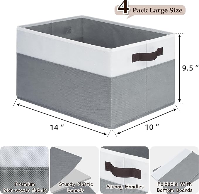 4 Pack Large Closet Storage Baskets Bins for Shelves | Fabric Closet Organizers and Storage with Handles Home Organization | Decorative Collapsible Baskets for Organizing Clothes Toy Nursery 14"x10"