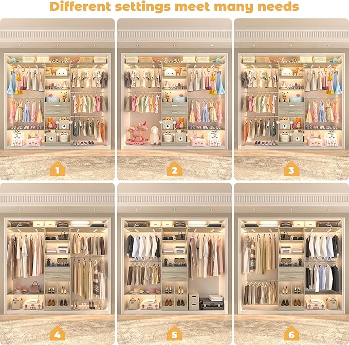 Closet System - 4.75-8FT Closet Organizer System with Wooden Drawers & Cube Storage Organizer, Up To 96" Closet Systems for Nursery & Walk-In Closets with Cuttable Hanging Shelving, Greige Oak