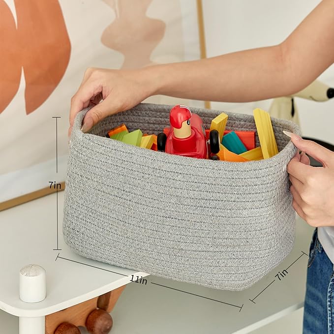Small Cotton Rope Basket – Storage Bin for Organizing (10.6" x 6.7" x 6.7"), Bathroom Storage Basket for Shelf, Counter & Closet（Grey）