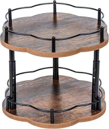 Lazy Susan Spice Rack Organization for Cabinet - 2 Tier Adjustable Height Lazy Turntable Spice Organizer for Kitchen Countertop & Pantry, Wood 10 Inch Seasoning Storage, Black