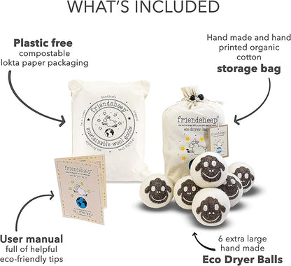 Wool Dryer Balls by Friendsheep 6 Pack XL Organic Premium Reusable Cruelty Free Handmade Fair Trade No Lint Fabric Softener Brown Sheep "Flock of Friends"