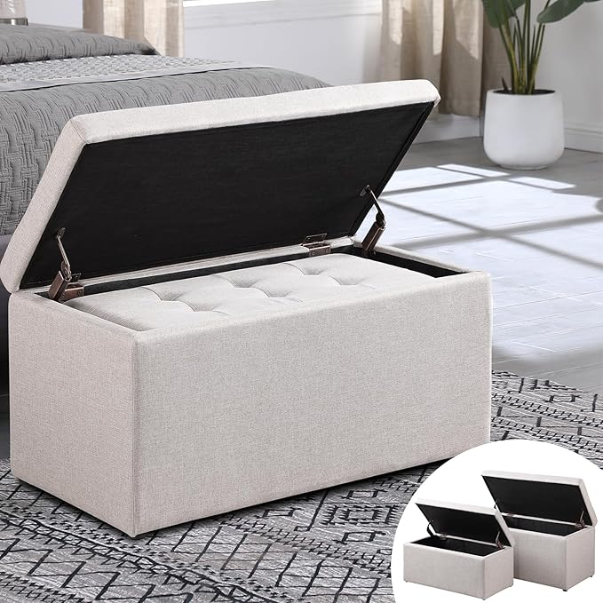 Storage Ottoman Bench with 2.56-inch Thick Seat, 31.5 inch Nesting Ottoman Set of 2, Hinged Flip Top Bench with Storage for Living Room, Bedroom, Beige