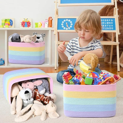 Shelf Baskets for Organizing, Woven Storage Basket for Shelves，Cotton Rope Storage Bins for Toys Books, Nursery Towel Baskets for Classroom, 14.96"X9.8"X8.85", 3-Pack Pastel Rainbow