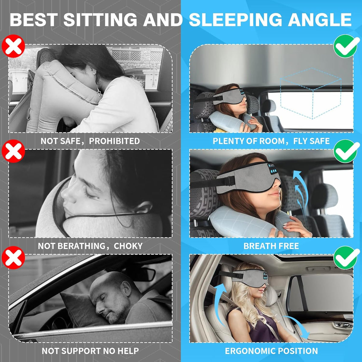 Joythink Sleep Headphones Headband Sleep Mask Eye Mask 3D Deep Bluetooth for Sleeping Blackout Washable Music Eye Cover with Speaker Microphones Gray