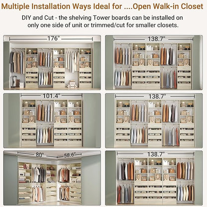 Aheaplus Closet System Set of 3, 138.5" Wood Closet Organizer System Tower with 12 Drawers & 4 Hanging Rods, 6.7+4.85Ft L Shaped Walk-in Closets Wardrobe Organizer Garment Rack with Shelves, White Oak