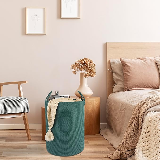 Cotton Rope Laundry Basket Hamper for Clothes Woven Storage Basket for Living Room Bedroom Boho Tall Rope Baskets for Blanket Toys Pillow Towels Baby Nursery Hamper Bin Large dark green
