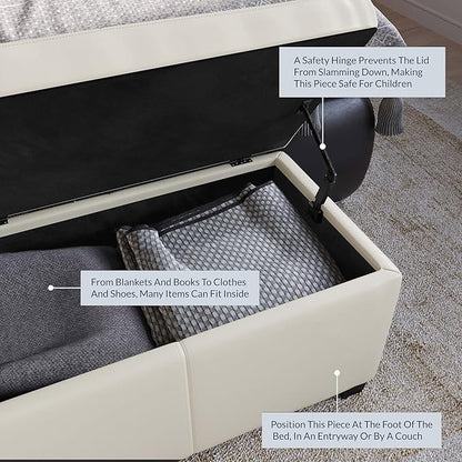 BELLEZE Storage Faux Leather Ottoman, 47 Inch Bench Bedroom Bench with Safety Close Hinge, Extra Long Ottoman with Storage for Living Room, Entryway, Foot Rest, Support 300lbs - Cream