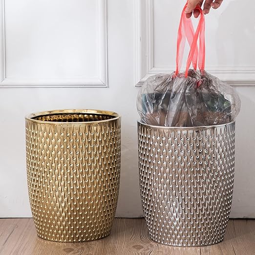 Modern Round Silver Small Trash Can Wastebasket, Garbage Container Bin for Bathrooms, Powder Rooms, Kitchens, Home Offices - Durable Ceramics - Round