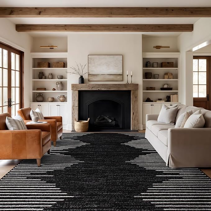 Rugshop Bohemian Stripe Stain Resistant High Traffic Living Room Kitchen Bedroom Dining Home Office Area Rug 10' x 14' Black