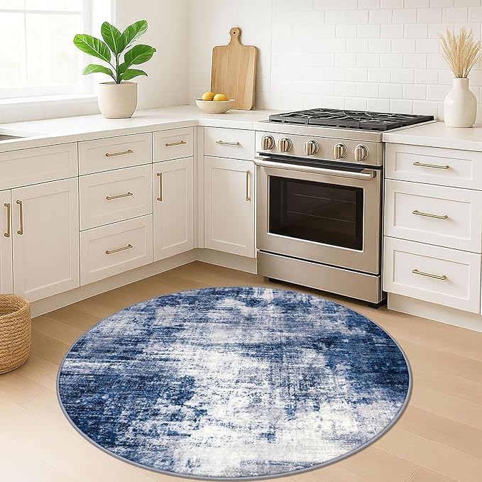 IOHOUZE Round Area Rug 5 Ft Circle Entryway Rugs Round Washable Door Mat Indoor Entrance, Non Slip Circle Front Door Rug, Printed Abstract Faux Wool Floor Carpet for Foyer Porch Sink, Navy/Grey