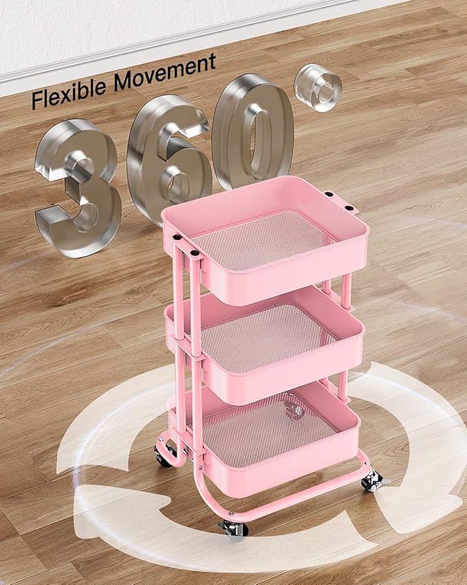 Pipishell 3-Tier Metal Rolling Utility Cart, Heavy-Duty Storage Cart with 2 Lockable Wheels, Multifunctional Mesh Organization Cart for Kitchen Dining Room Living Room (Pink)