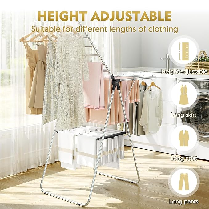 APEXCHASER Clothes Drying Rack, Drying Rack Clothing with Height-Adjustable, Foldable Gullwings Laundry Rack, Indoor Outdoor Use, No Assembly,Black