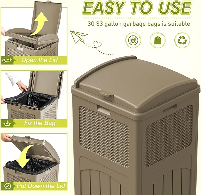 Greesum 33 Gallon Resin Outdoor Trash Can with Lid, Waterproof Resin Garbage Bin for Hideaway, Patio, Deck, 4 Pack, Light Brown