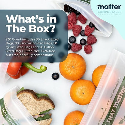 Matter Compostable Assorted Kitchen Bags, 230 Count, Biodegradable, Eco-Friendly Resealable Food Storage Variety Pack, 80 Snack, 80 Sandwich, 50 Quart & 20 Gallon