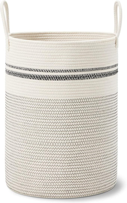 VIPOSCO Large Laundry Hamper, Tall Woven Rope Storage Basket for Blanket, Toys, Dirty Clothes in Living Room, Bathroom, Bedroom - 58L Stripe White