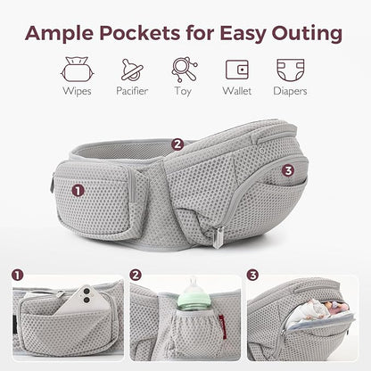 Momcozy Baby Carrier with Hip Seat, 2-in-1 Forward-Facing Carry for Active Babies, Detachable Hands-Free Carrier up to 44lbs, Breathable Infant Carrier Fits Waist Sizes up to 45 Inches, AirMesh Grey