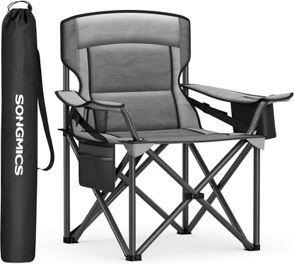 SONGMICS Oversized Lumbar Support Camping Chair, Heavy-Duty Outdoor Folding Chair Comfortable, Padded, Glamping, Cooler Bag, Weight Capacity 450 lb, Slate Gray UGCB066G01