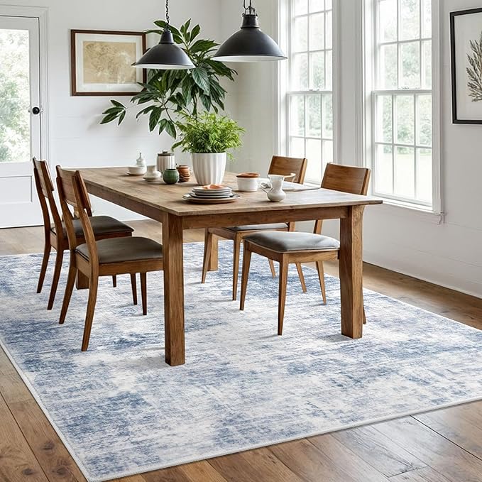 IOHOUZE Abstract Area Rugs 6x9 Ft Washable Rugs for Living Room, Non Slip Dining Room Rug, Printed Faux Wool Rugs for Bedroom, Floor Carpet for Office Nursery Playroom, Light Blue White