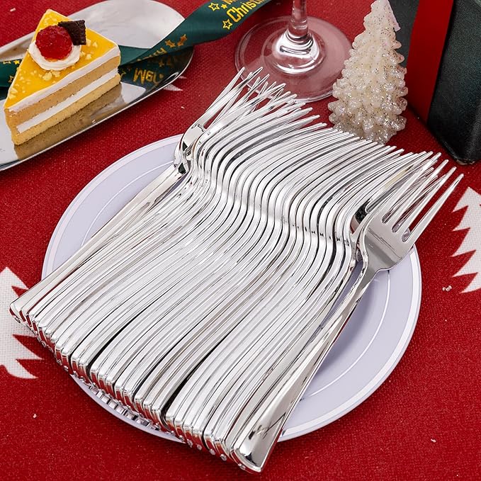 Liacere 200 Pack Silver Plastic Forks - 7.4 inch Heavy Duty Forks - Heavyweight Disposable Forks - Silver Plastic Silverware for Catering, Parties, Dinners for Christmas