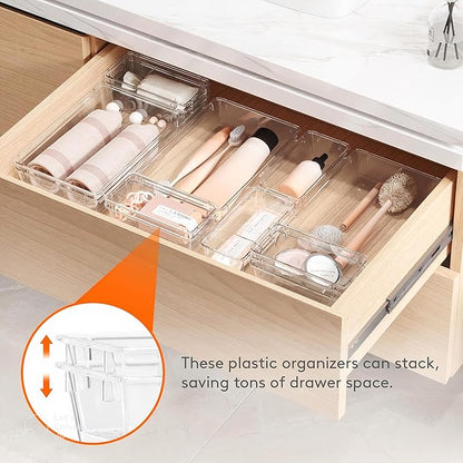 12-Pack Clear Plastic Drawer Organizer Trays – Multi-Use Acrylic Storage Bins for Kitchen, Bathroom, Makeup, Office, School & Undergarments – Perfect for Dorm, Apartment & Home Organization