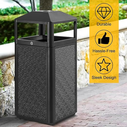 Square Waste Container with Dome Lid | Commercial Outdoor Garbage and Trash Container, Black, 15 Gallon