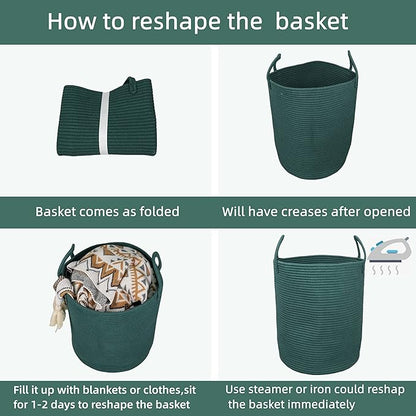 Cotton Rope Laundry Basket Hamper for Clothes Woven Storage Basket for Living Room Bedroom Boho Tall Rope Baskets for Blanket Toys Pillow Towels Baby Nursery Hamper Bin Large dark green