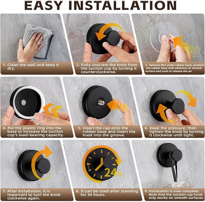 Reusable Heavy Duty Suction Cup Hooks for Kitchen/Bathroom/Shower - Wet-Proof Hooks for Towels, Robes, Loofah&Wreaths/No Drill Mounting on Glass, Tile, Metal (2, Matte Black)