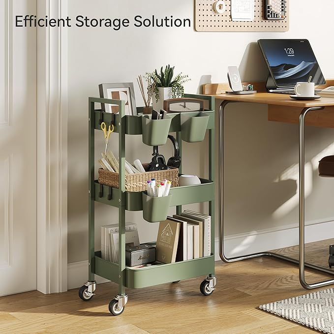3 Tier Rolling Cart,Utility Cart with Locking Wheels, Hanging Cups,&Hooks, Heavy Duty Metal Storage Organizer Cart for Kitchen,Office, Bathroom,Craft Room,Green