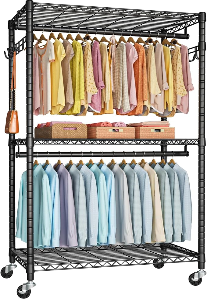FUTASSI P1 Plus Rolling Clothes Rack, 22mm Diameter Heavy Duty Garment Rack with Wheels, Portable Closet Wardrobe with Double Rods, 45" W x 17.7" D x 80.5" H, Max Load 524 LBS, Black
