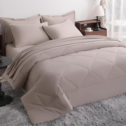 NTBAY Queen Comforter Set with Sheets, 7 Pieces Soft and Breathable Queen Bedding Set, Bed in a Bag, Down Alternative Comforter Set Solid Color All Season, Queen Bedding Set, Taupe