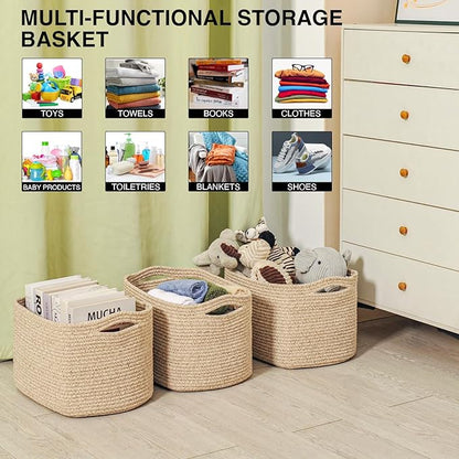 Decorative Storage Baskets for Organizing Shelves, Toy Basket for Nursery, Woven Cotton Rope Baskets for Decor, Towel Basket for Bathroom, 15"x11"x9.5", 3 Packs, Brown